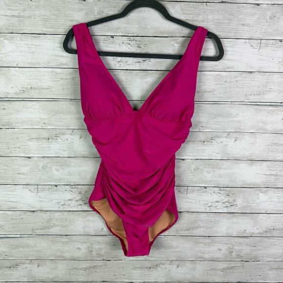 J Crew Ruched Plunge One Piece Swim Suit Pink Size 20 - Picture 3 of 7